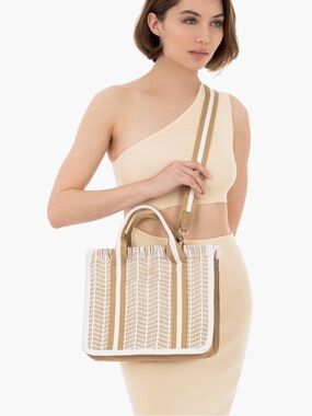 Eric Javits Tan and White Woven Stripe Tote with Removable Crossbody Strap